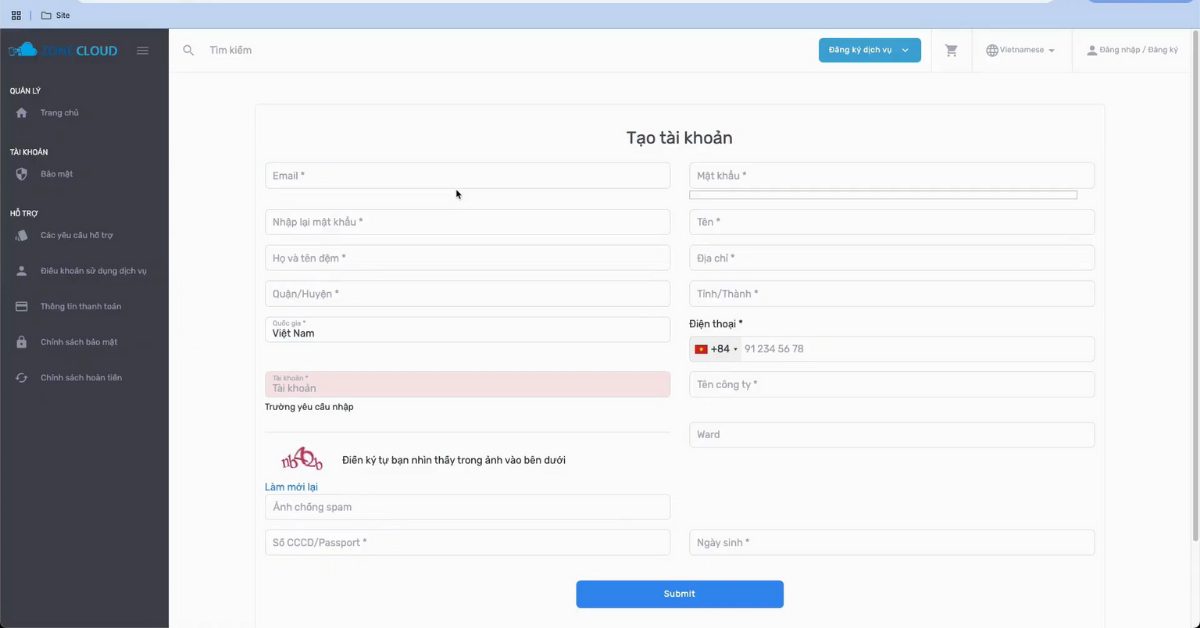 Hướng dẫn đăng ký tài khoản Portal trên ZoneCloud 3 Điền đầy đủ các thông tin được yêu cầu