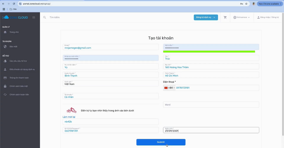 Hướng dẫn đăng ký tài khoản Portal trên ZoneCloud 4 Kiểm tra lại thông tin và nhấn Submit
