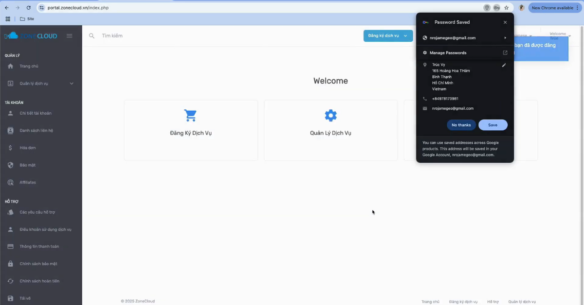 Hướng dẫn đăng ký tài khoản Portal trên ZoneCloud 5 Lưu lại thông tin cho lần đăng nhập tiếp theo