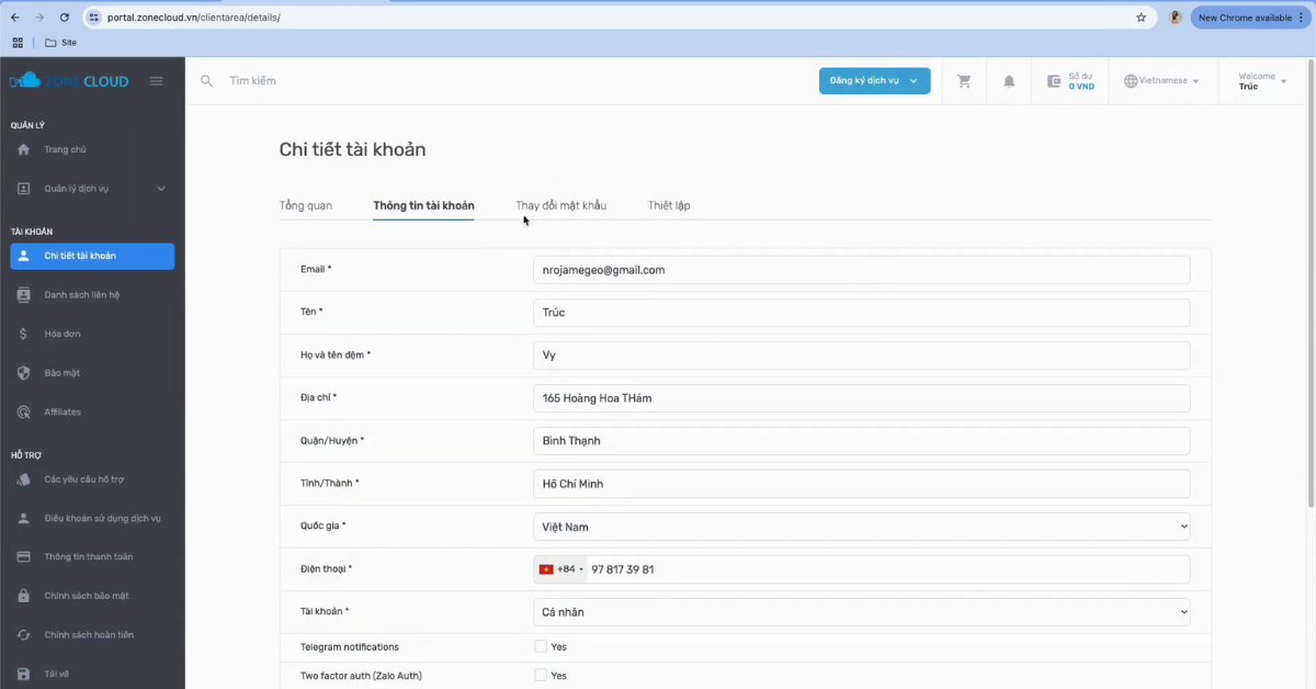 Hướng dẫn đăng ký tài khoản Portal trên ZoneCloud 6 Vào trang tài khoản và kiểm tra lại nhằm đảm bảo thông tin chính xác