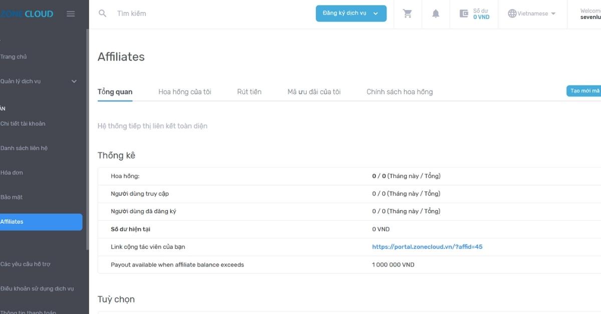 Hướng dẫn tạo mã giảm giá cho Affiliate chi tiết tại ZoneCloud 1 BƯỚC 1_ Truy cập khu vực quản trị & vào mục Mã giảm giá
