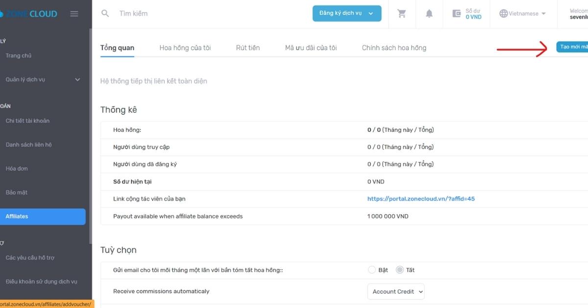 Hướng dẫn tạo mã giảm giá cho Affiliate chi tiết tại ZoneCloud 2 BƯỚC 2: Điền thông tin cơ bản của mã