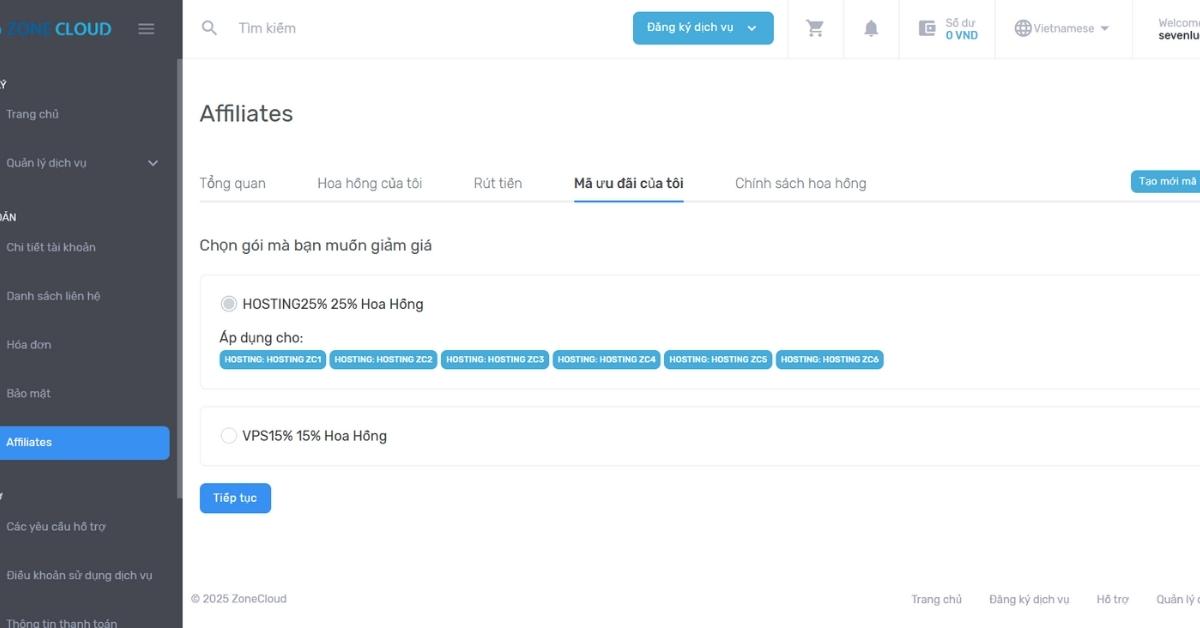 Hướng dẫn tạo mã giảm giá cho Affiliate chi tiết tại ZoneCloud 3 BƯỚC 3_ Gán mã cho đối tác Affiliate