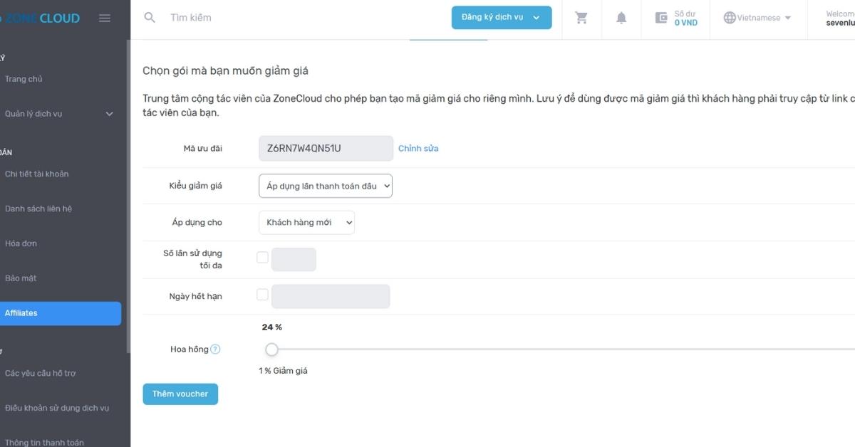 Hướng dẫn tạo mã giảm giá cho Affiliate chi tiết tại ZoneCloud 4 BƯỚC 4_ Cấu hình phạm vi & hành vi áp dụng
