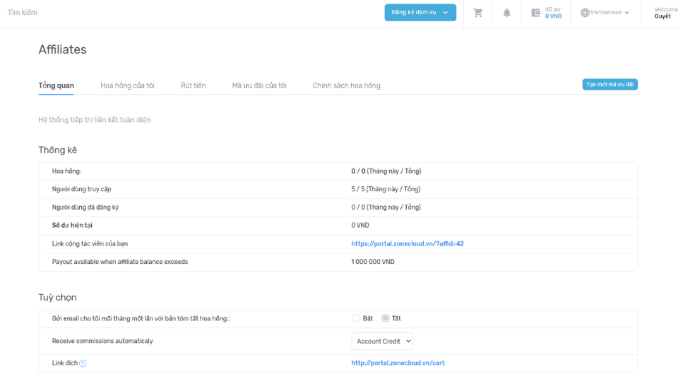 Hướng dẫn cách đăng ký Chương trình Affiliate tại ZoneCloud 2 Bắt đầu tham gia chương trình Affiliate
