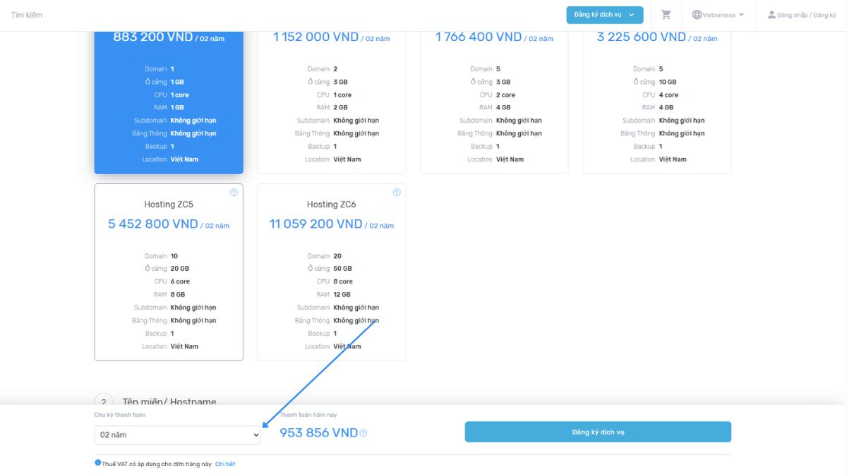 Hướng dẫn đăng ký dịch vụ hosting tại ZoneCloud 3 Chọn chu kỳ thanh toán