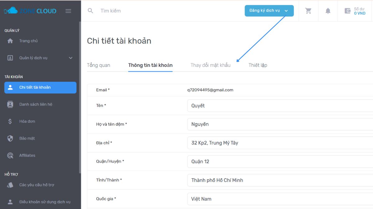 Hướng dẫn đổi mật khẩu tài khoản ZoneCloud 2 Chọn vào ô thay đổi mật khẩu