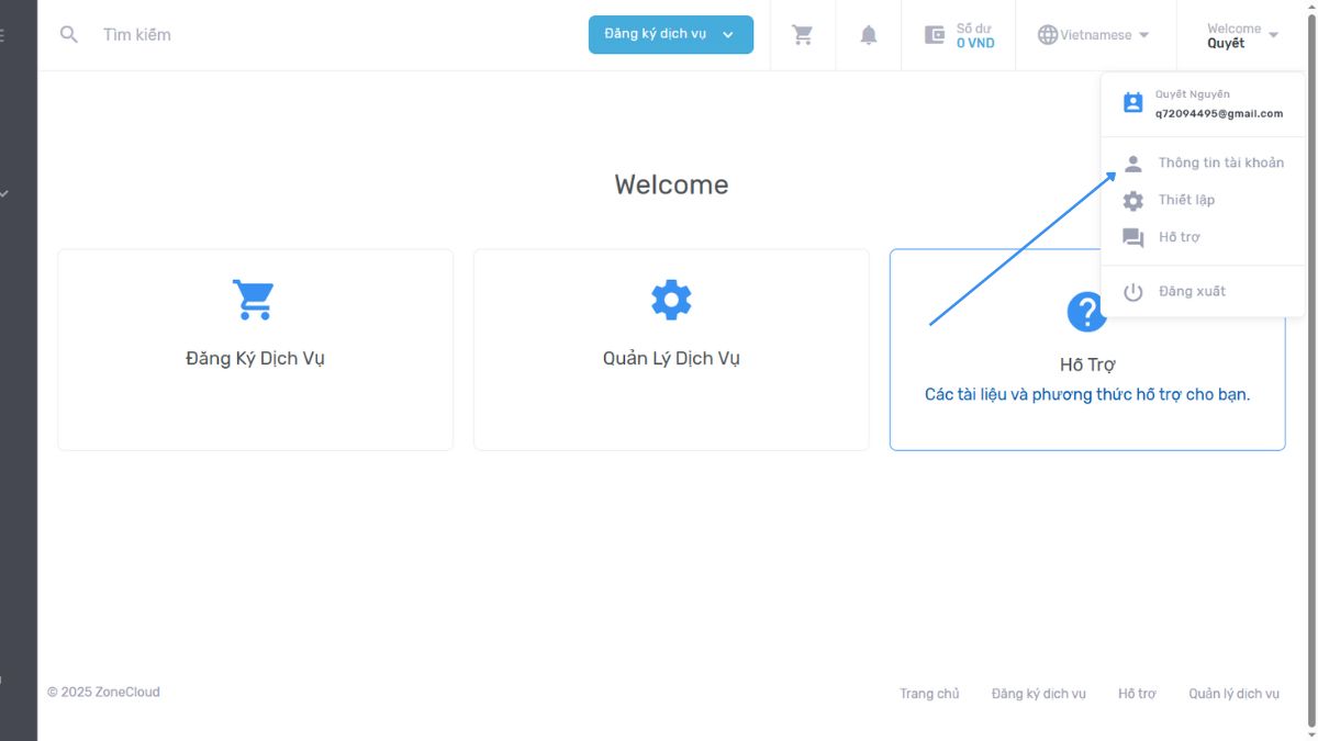 Hướng dẫn đổi mật khẩu tài khoản ZoneCloud 1 Đăng nhập vào tài khoản ZoneCloud của bạn và truy cập mục _Thông tin cá nhân
