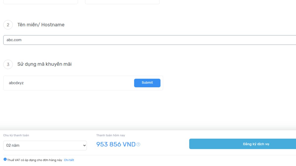 Hướng dẫn đăng ký dịch vụ hosting tại ZoneCloud 4 Điền tên miền và mã khuyến mại của bạn