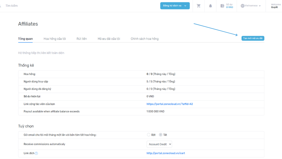Lấy Link giới thiệu độc quyền của ZoneCloud và Bắt đầu kiếm tiền