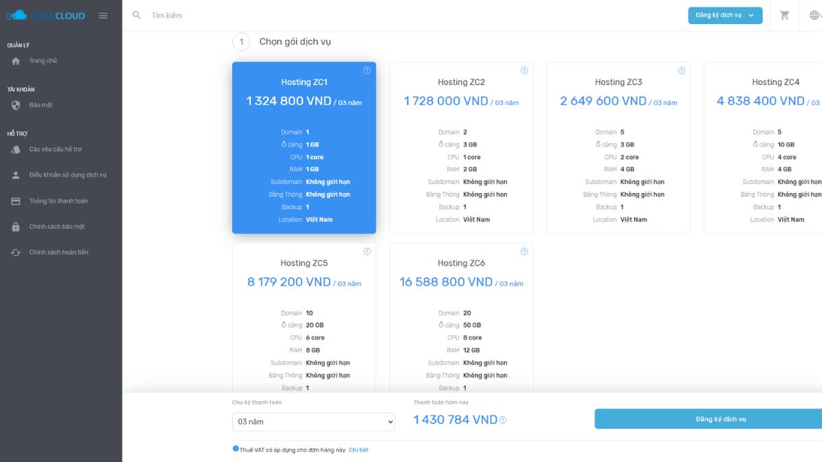 Hướng dẫn đăng ký dịch vụ hosting tại ZoneCloud 2 Tham khảo các gói hosting tại ZoneCloud