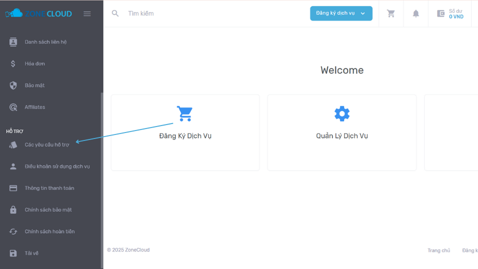 Hướng dẫn 4 bước gửi Ticket yêu cầu hỗ trợ đến ZoneCloud 1 Truy cập mục Hỗ Trợ trên gia diện portal của ZoneCloud