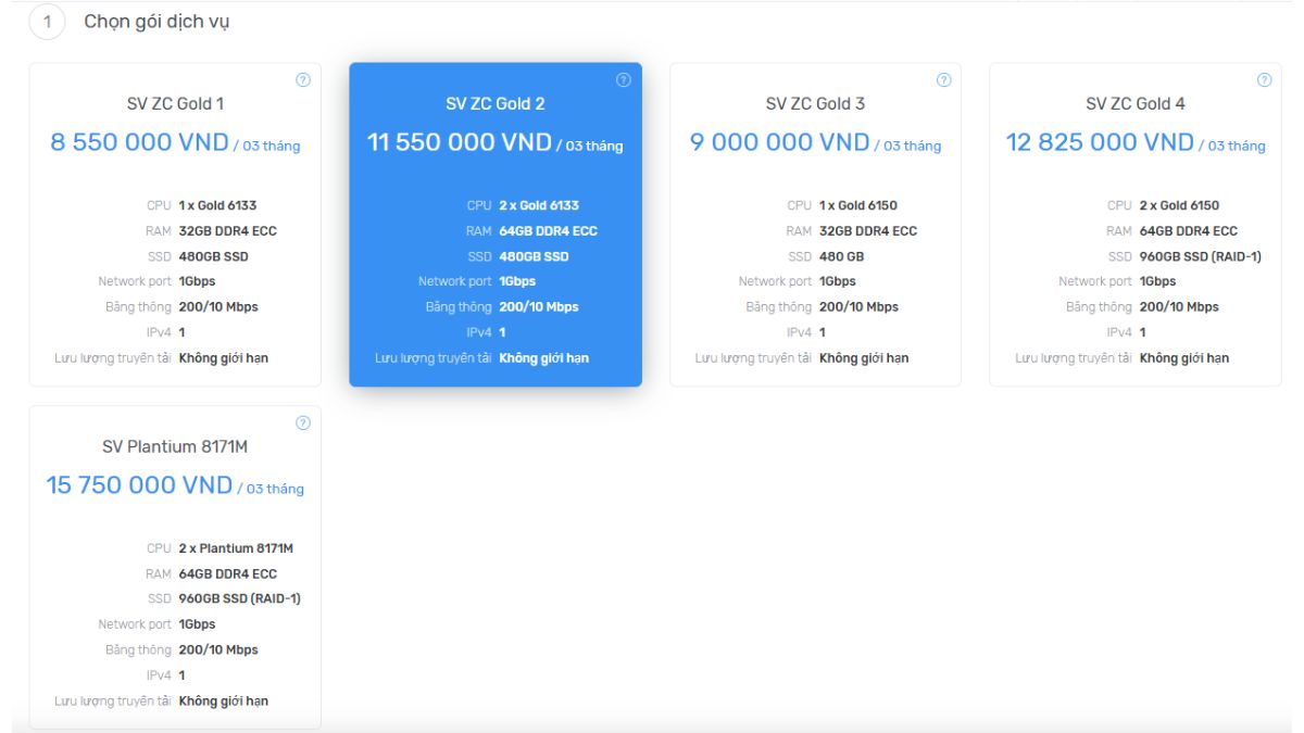 Truy cập vào ZoneCloud và chọn gói máy chủ cần thuê