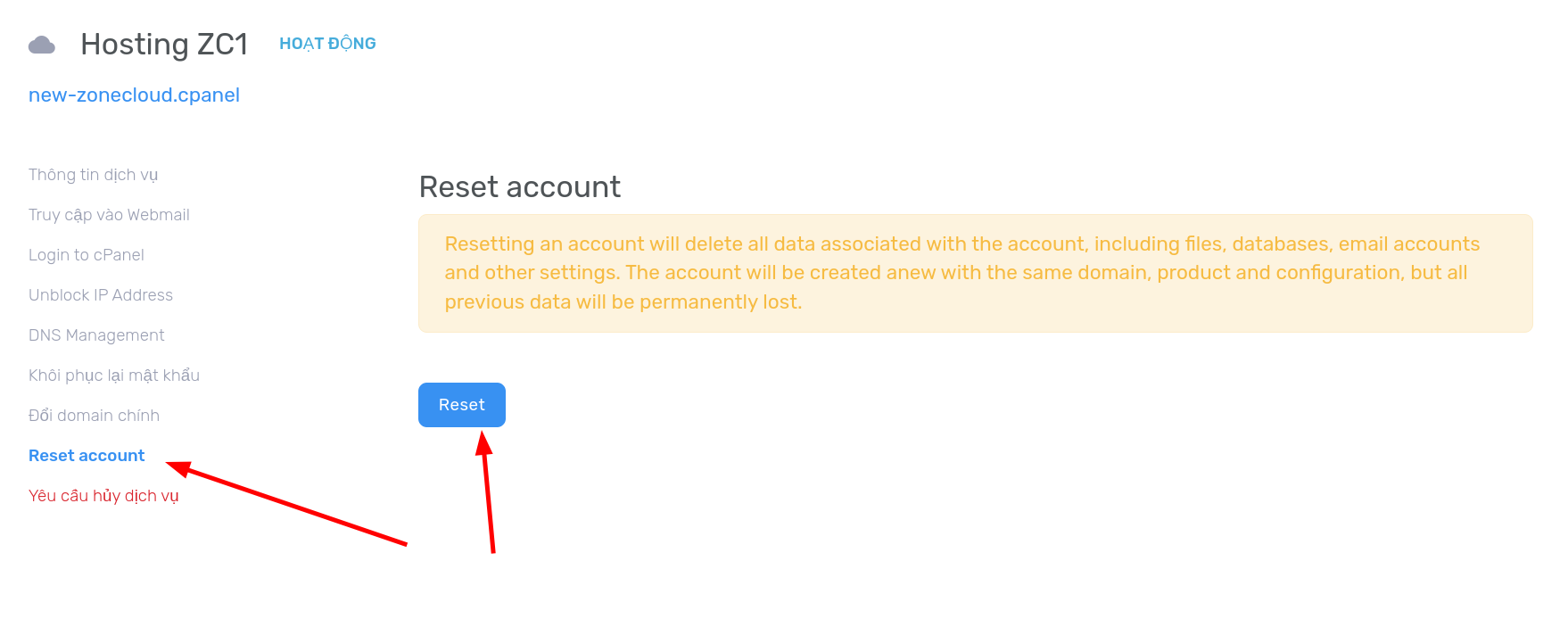 Hướng dẫn đổi domain chính và reset mặc định hosting 5 Chon tinh nang Reset account tren Portal