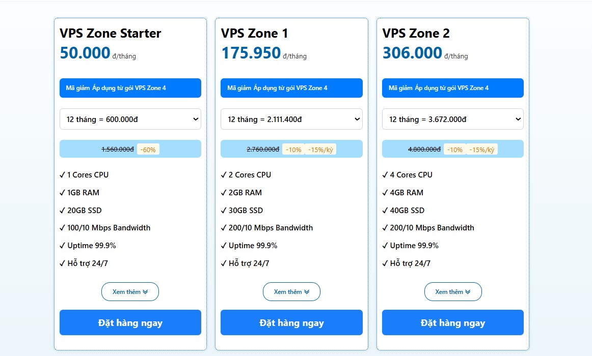 Dịch Vụ Thiết Kế Website Trọn Gói, Chuẩn SEO #1 TPHCM tại ZoneCloud 6 Giao diện bảng giá dịch vụ của ZoneCloud