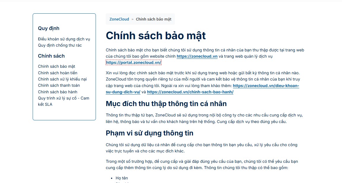 Dịch Vụ Thiết Kế Website Trọn Gói, Chuẩn SEO #1 TPHCM tại ZoneCloud 13 Giao diện trang chính sách