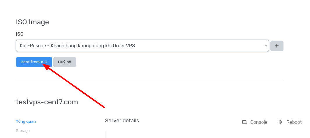 Bước 2: Chọn ISO Kali Rescue → Boot from ISO