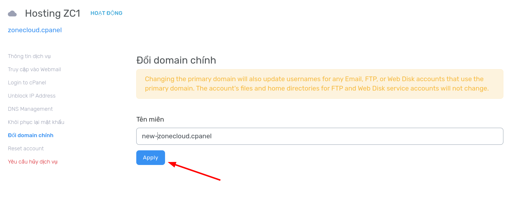 Hướng dẫn đổi domain chính và reset mặc định hosting 3 Nhập domain mới → nhấn Apply