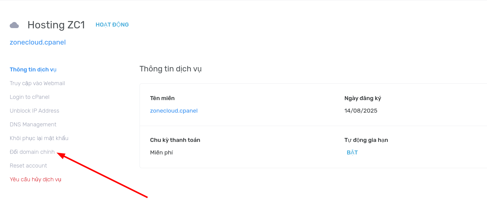 Hướng dẫn đổi domain chính và reset mặc định hosting 1 chọn đổi domain chính