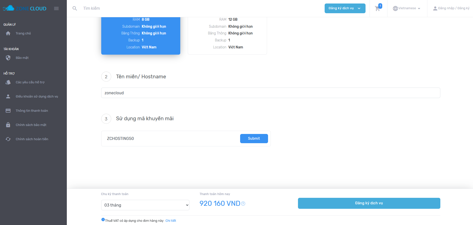 Ưu đãi tháng 10 – Hosting ZoneCloud Giảm 50% Trọn Đời 3 buoc 2 nhap ma giam gia