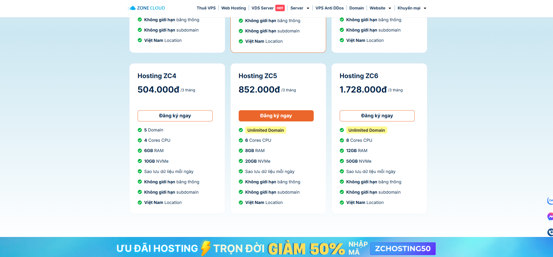 Ưu đãi tháng 10 – Hosting ZoneCloud Giảm 50% Trọn Đời 2 chon goi hosting phu hop