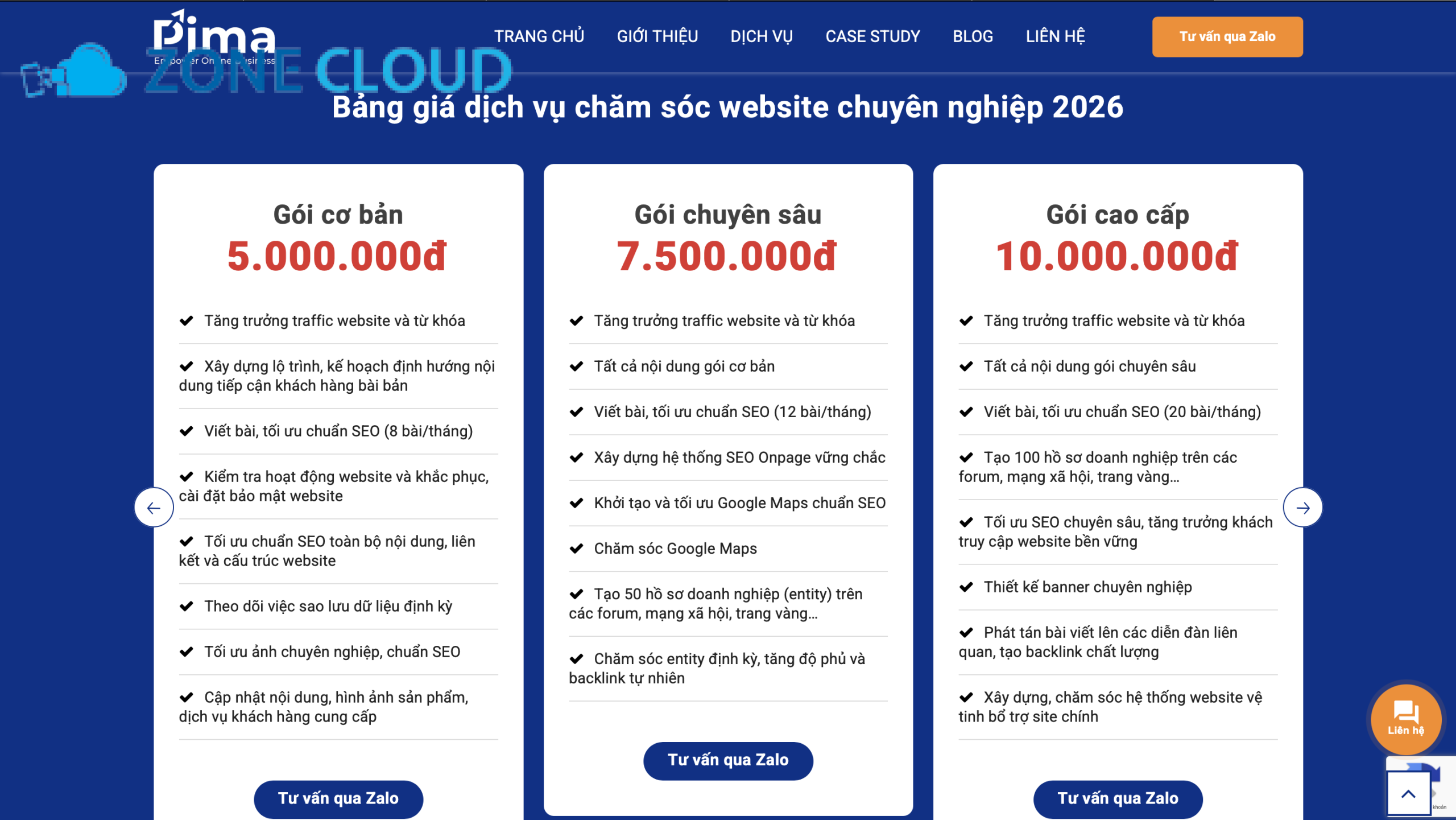 Báo giá dịch vụ chăm sóc website tại Pima Digital