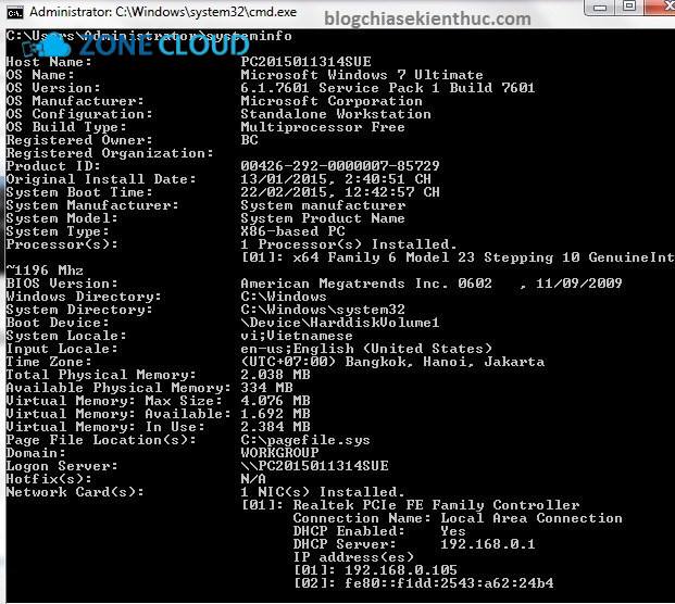 Kiểm tra cấu hình bằng lệnh wmic và systeminfo trên Windows VPS