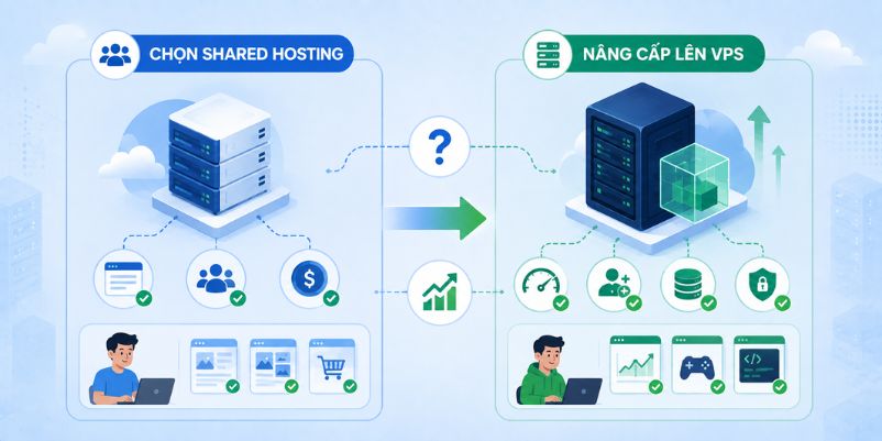 Shared hosting vs VPS so sánh chi tiết và kinh nghiệm chọn mua 2 khi nào nên chọn Shared hosting và khi nào nên nâng cấp lên VPS