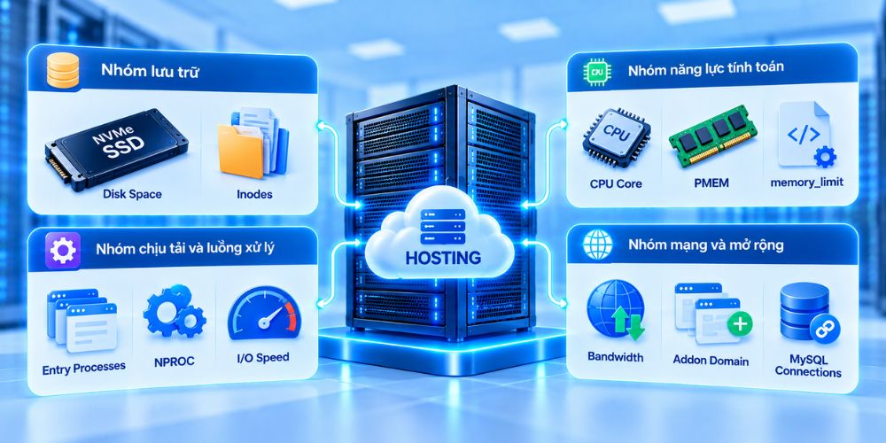 Tổng Hợp Thông Số Hosting: Cẩm Nang Giải Mã Chi Tiết Chuẩn Kỹ Thuật 2 Phân tích chuyên sâu các nhóm thông số tài nguyên trọng yếu