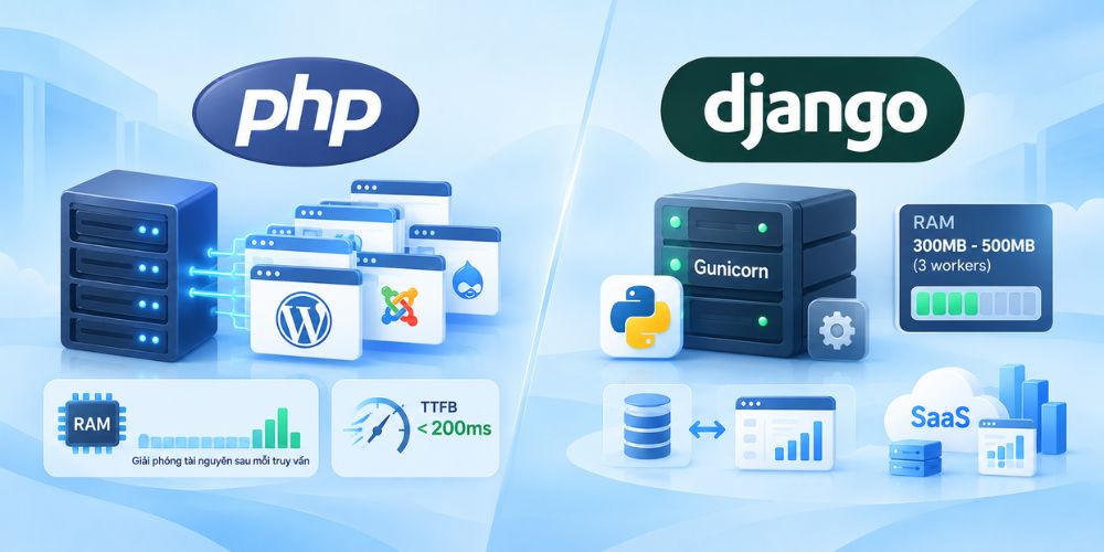 Hosting Django vs hosting PHP: Phân tích kiến trúc kỹ thuật và quy trình triển khai 2 Quản lý tài nguyên phần cứng và vòng đời dịch vụ
